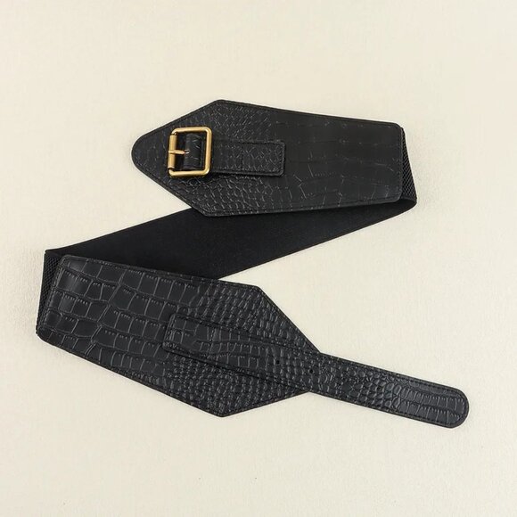 2/$30 Black Crocodile Embossed Wide Waist Belt Gold Buckle Cincher Dress Tunic - Picture 6 of 8